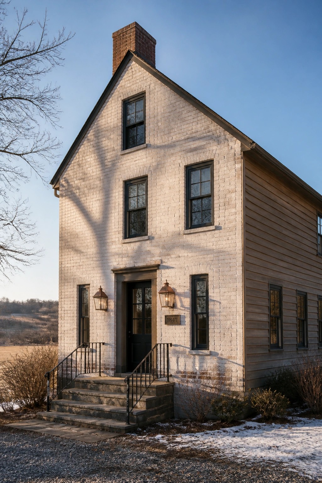 A two-story white limewashed brick farmhouse with dark windows, a central black door, and a stone entry stoop, shown next to a section of brown wood siding.