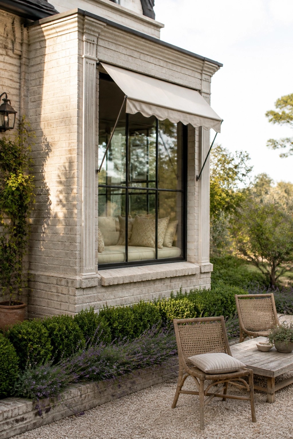 A light limewashed brick wall with a large multi-pane window, canvas awning, and two woven chairs on gravel beside lavender and shrubs.