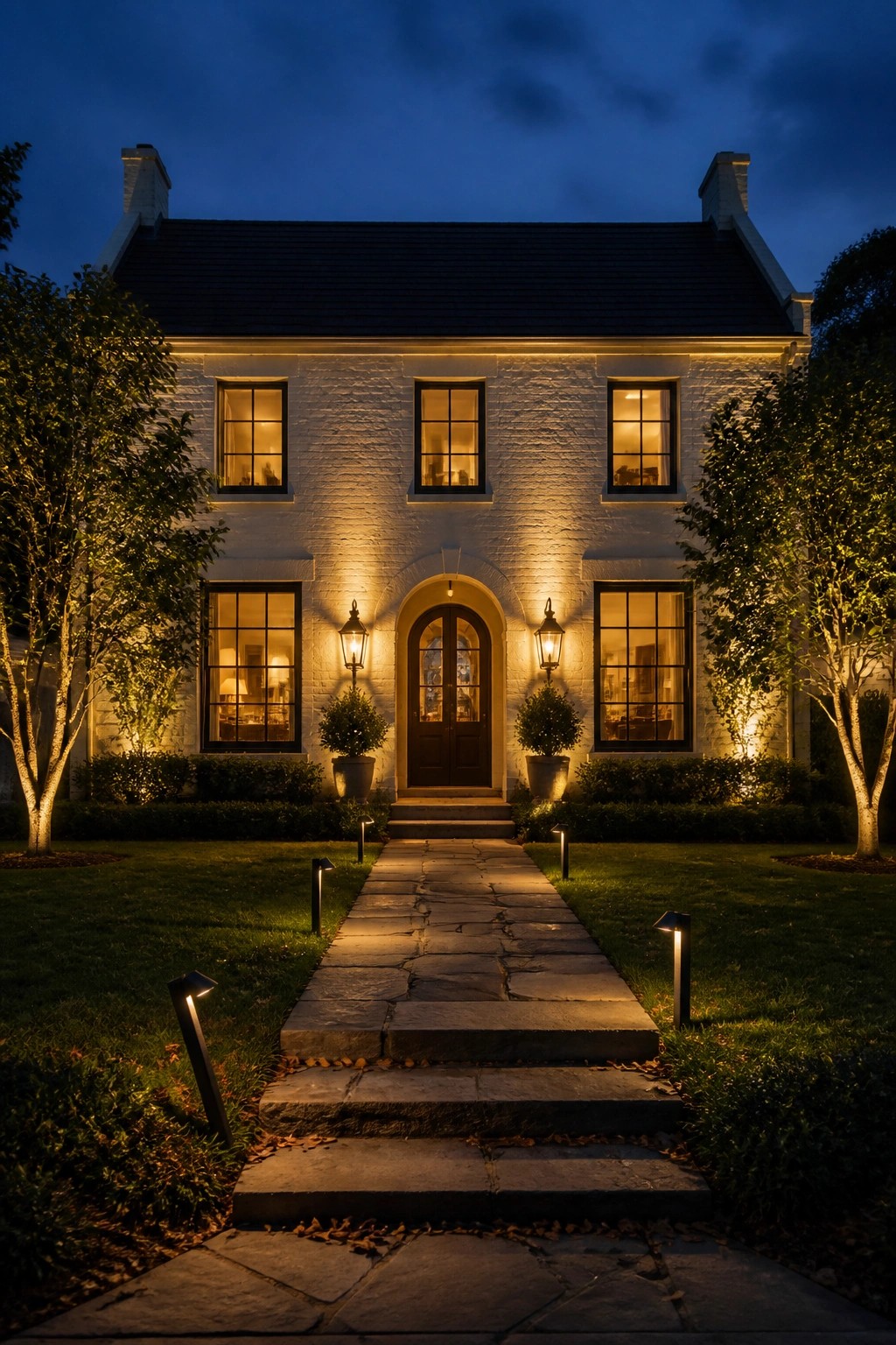 A two-story white brick house with a central arched doorway, dark-framed windows, and a stone pathway leading to the front steps at dusk.