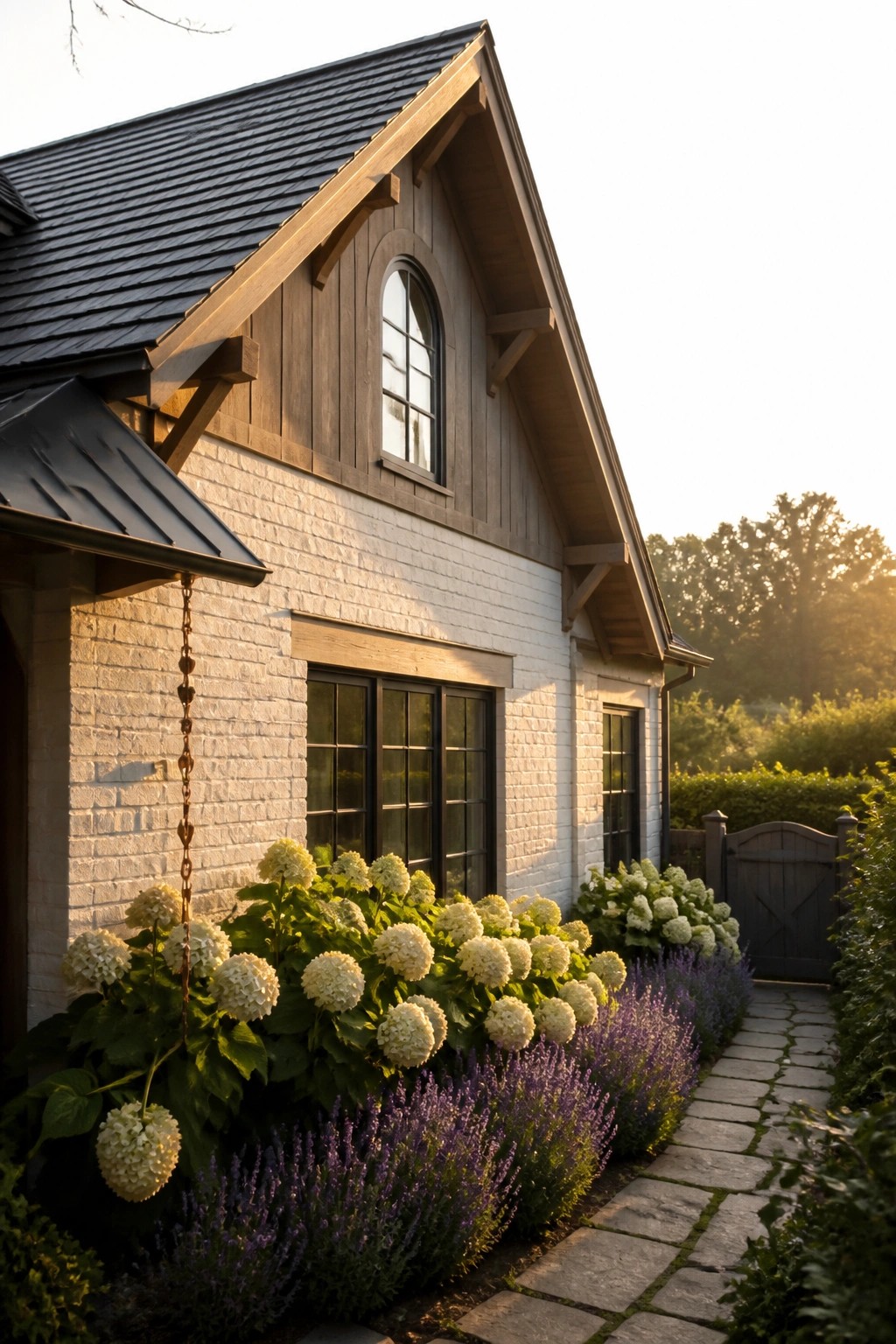 White limewashed brick farmhouse exterior with dark wood trim, black-framed windows, white hydrangeas, and a stone pathway.