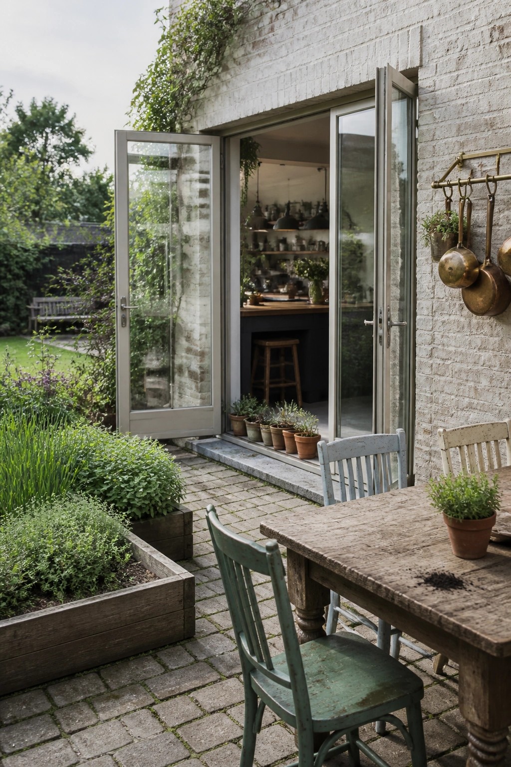Rustic wooden table with green chairs outside open kitchen doors on brick patio