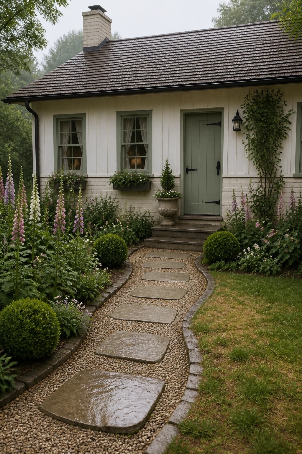 A white house with green door and windows has a curving path of stone slabs on gravel leading to the front steps, bordered by flowers and shrubs.