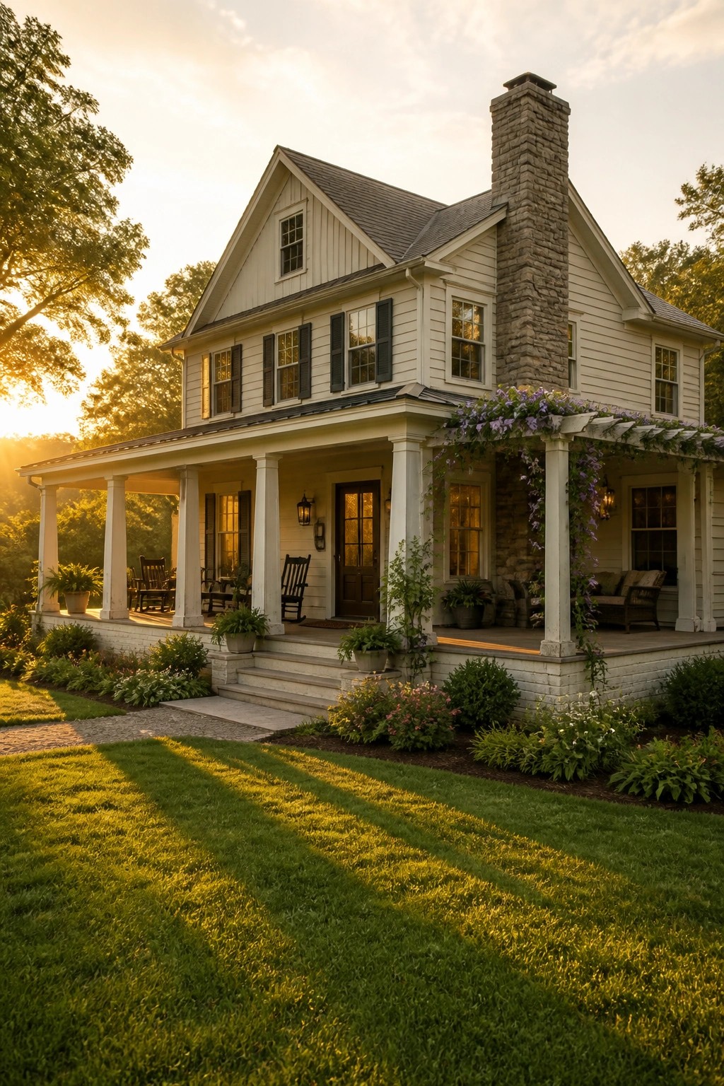 A two-story white farmhouse exterior with a large stone chimney, covered front porch with white columns, black shutters, and a green lawn in the foreground.