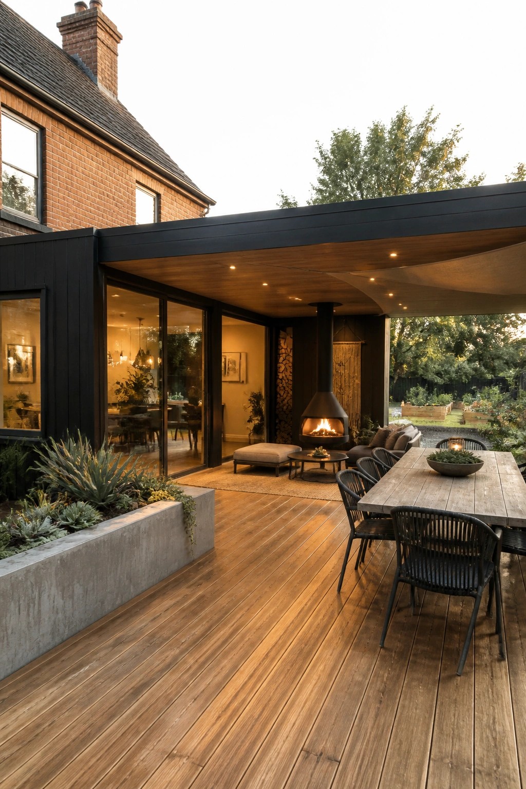 Modern wooden deck with dining table, chairs, sofa, and burning outdoor fireplace