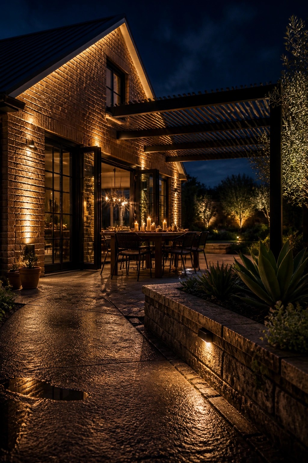 Warmly lit brick house patio with candlelit dining table beside wet stone path at night
