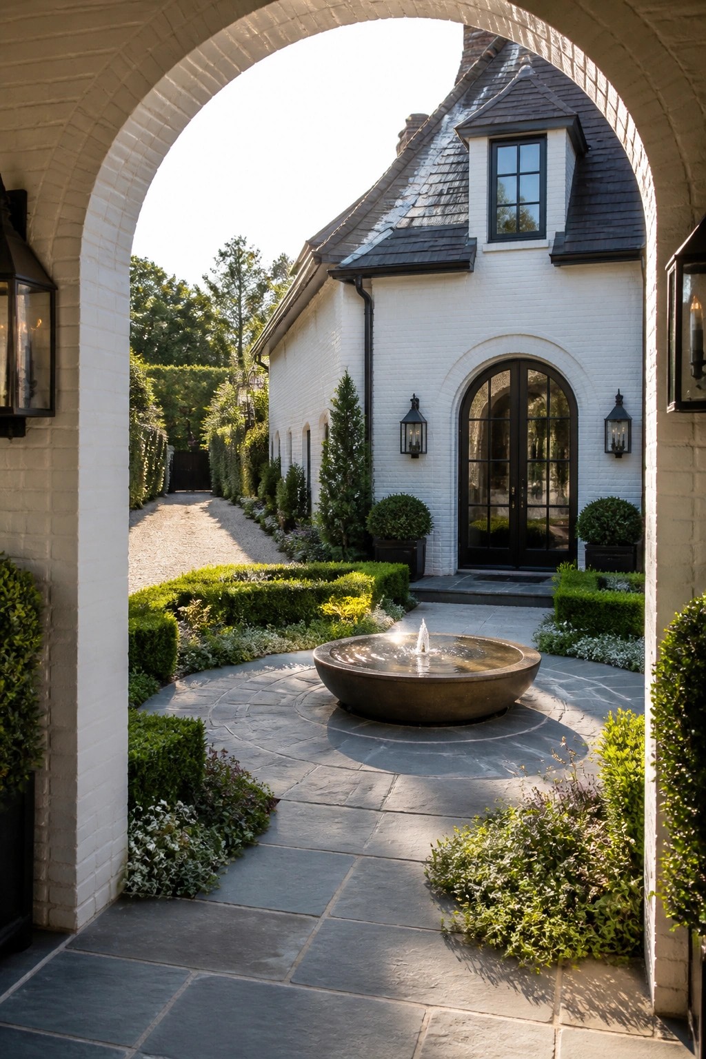 A view through a white brick arch into a courtyard with a round fountain, leading to a white brick house with a dark arched front door.