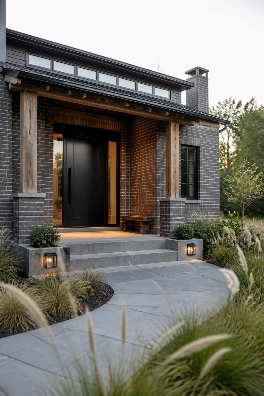 Front view of a gray brick house with a black door, wooden porch posts, concrete steps, and low landscaping along a stone path.