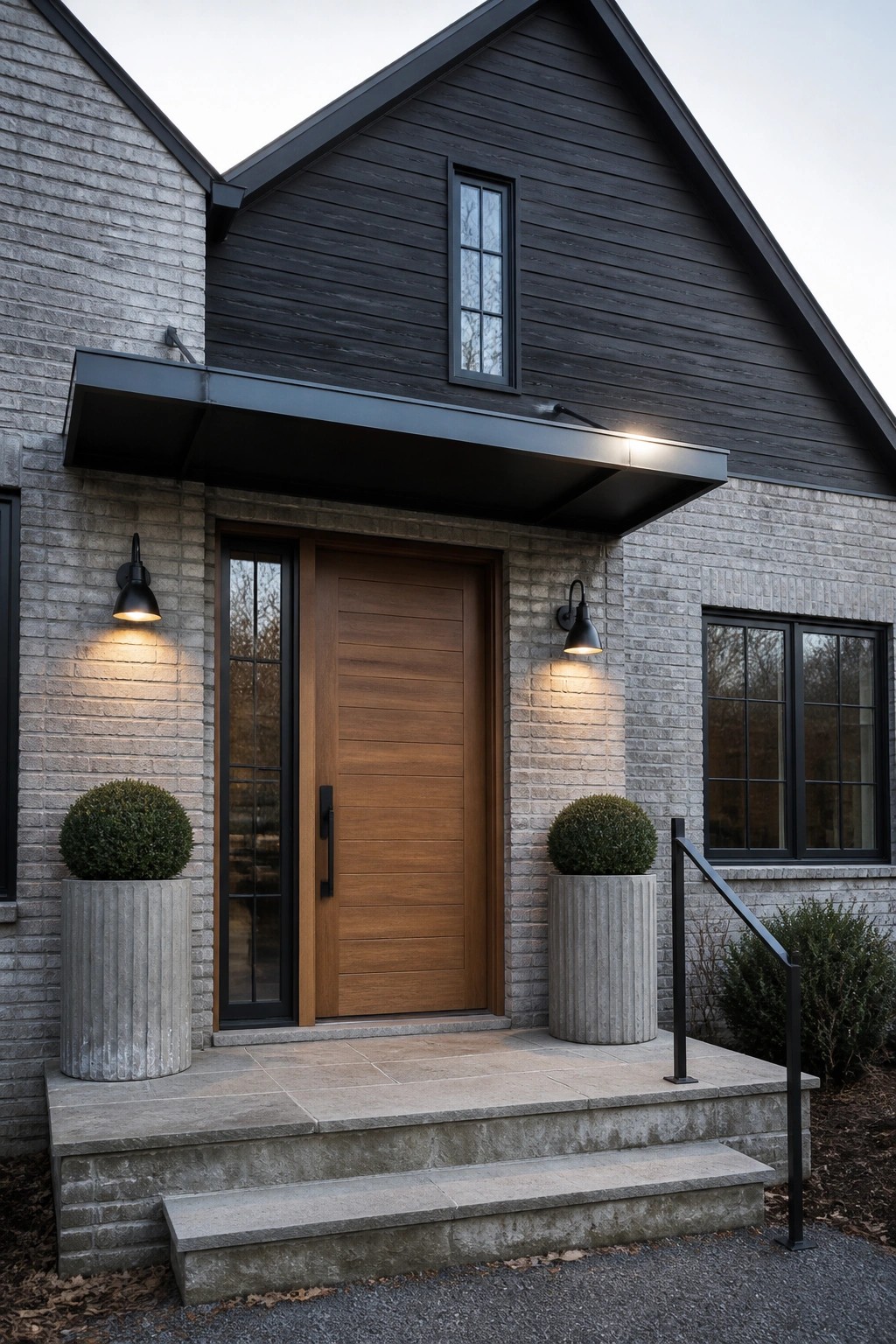 Front view of a modern brick farmhouse with a wooden door, black metal canopy, wall sconces, and two concrete planters flanking the entry steps.