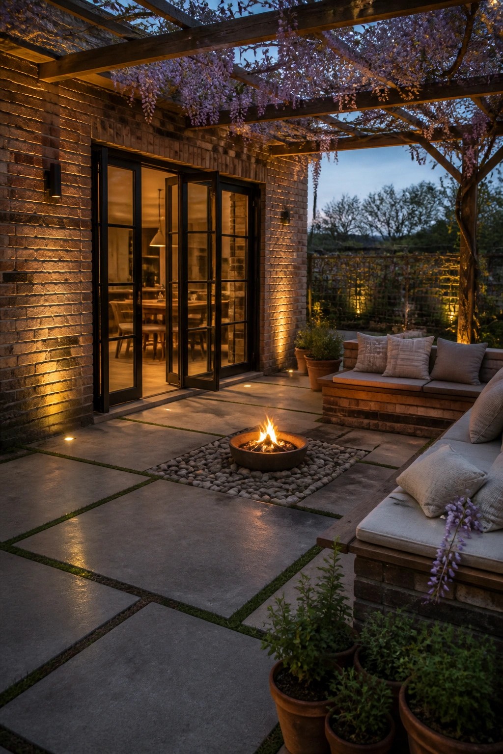 A brick farmhouse patio at dusk with a round fire pit on a bed of pebbles, built-in cushioned seating along one side, and a wooden pergola overhead.