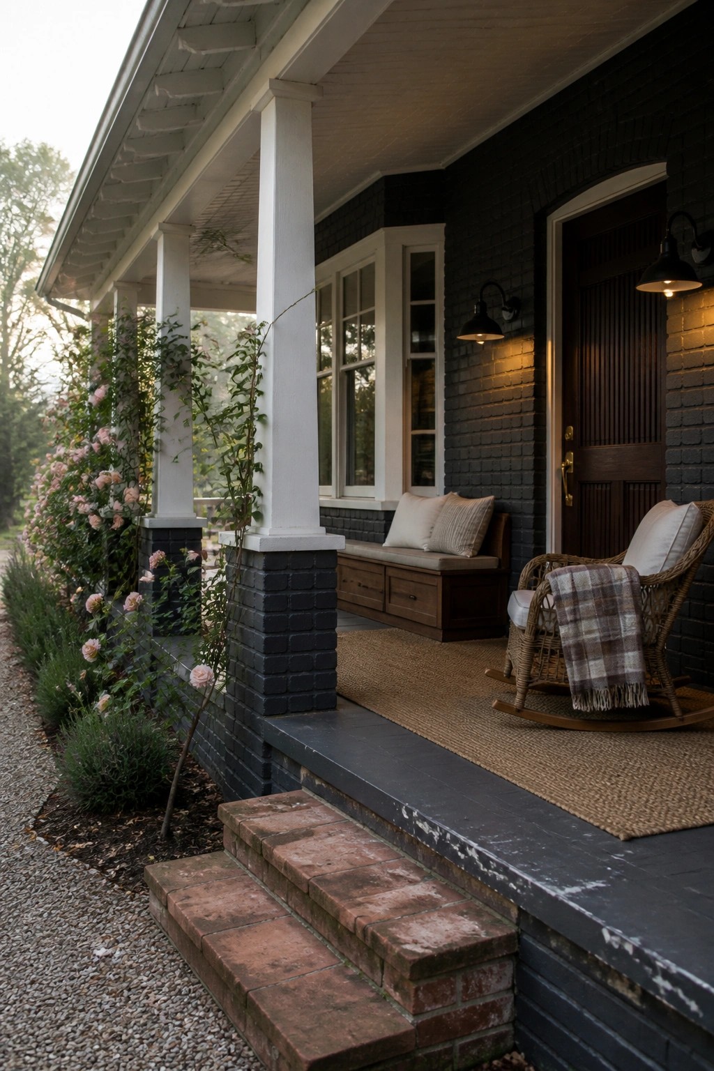 A black brick house porch with white columns, a built-in wooden bench with drawers under the windows, and a wicker rocking chair on a woven rug.