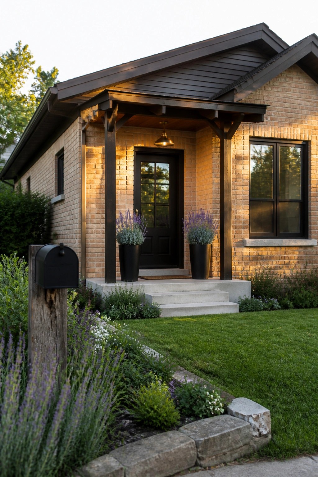 Brick house with black door, potted lavender, porch light, and mailbox post.