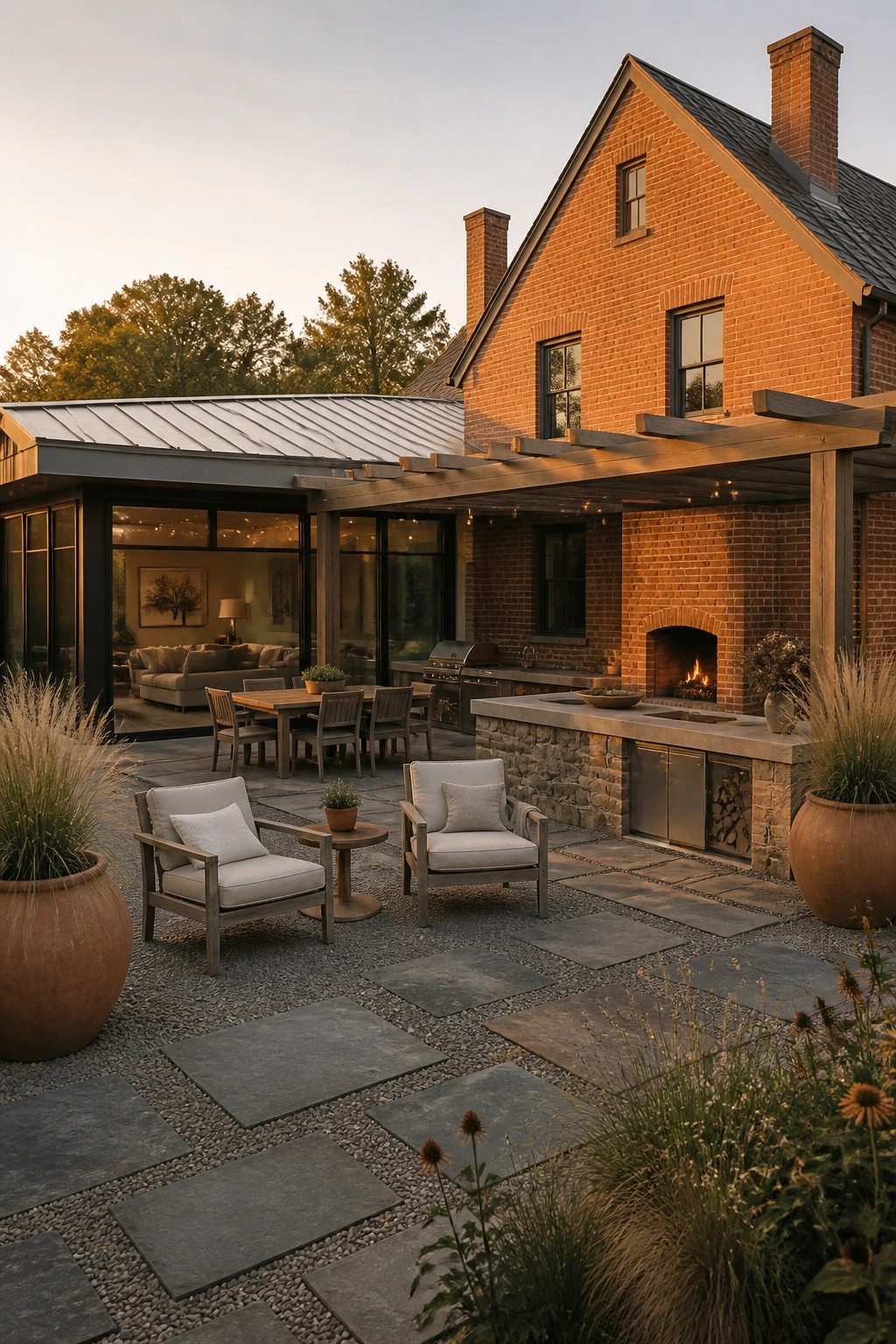 A brick farmhouse exterior with a covered patio that includes an outdoor kitchen, stone fireplace, dining table, and lounge chairs set on a mix of pavers and gravel.