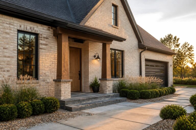 22 Modern Brick Farmhouse Exterior Ideas That Balance Rustic and Contemporary Style Modern brick house with wooden porch columns, black windows, stone steps and garden landscaping.