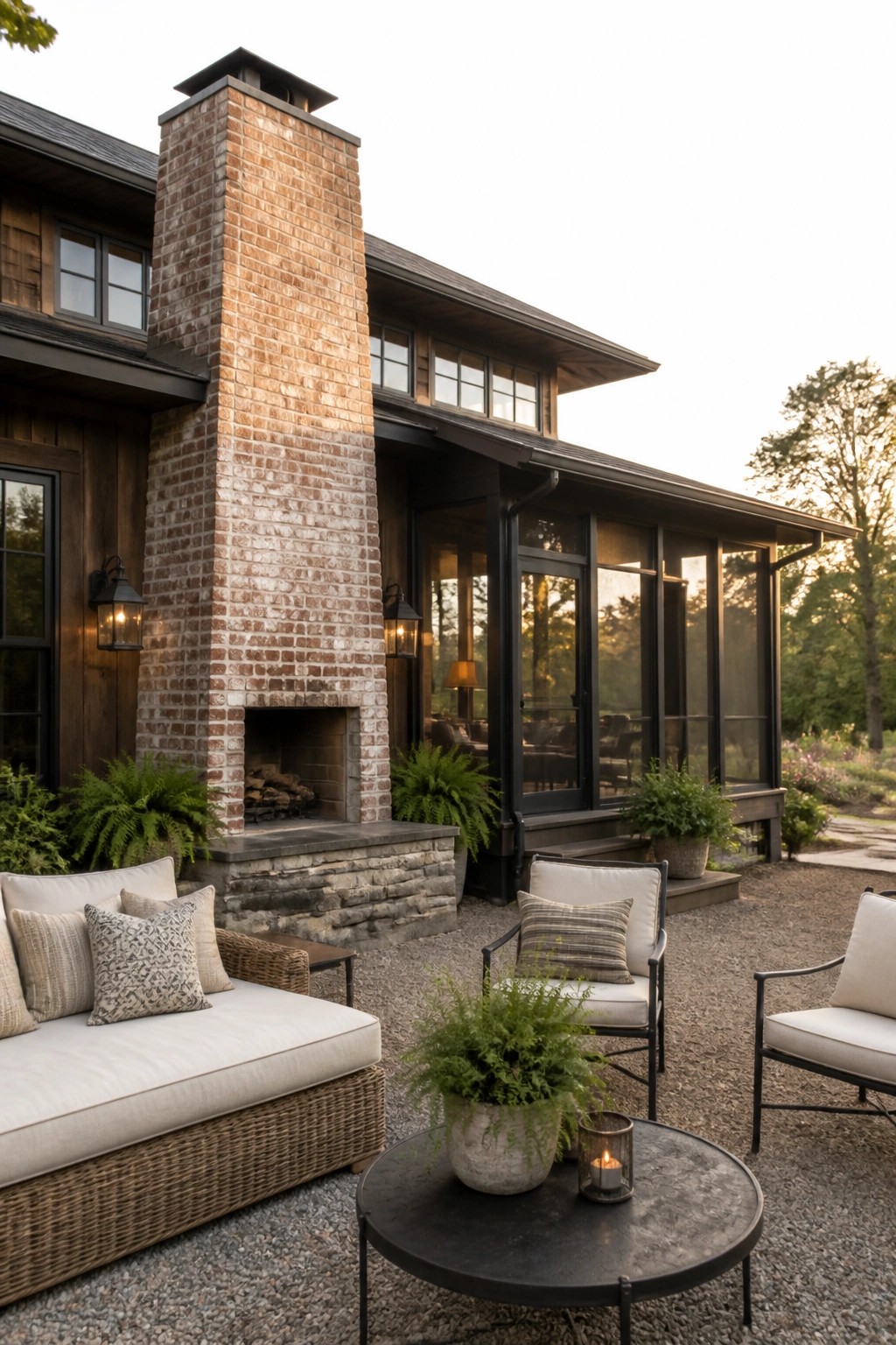A brick farmhouse exterior with a gravel patio area that includes a wicker sofa, metal chairs, a round table, and a large brick chimney.