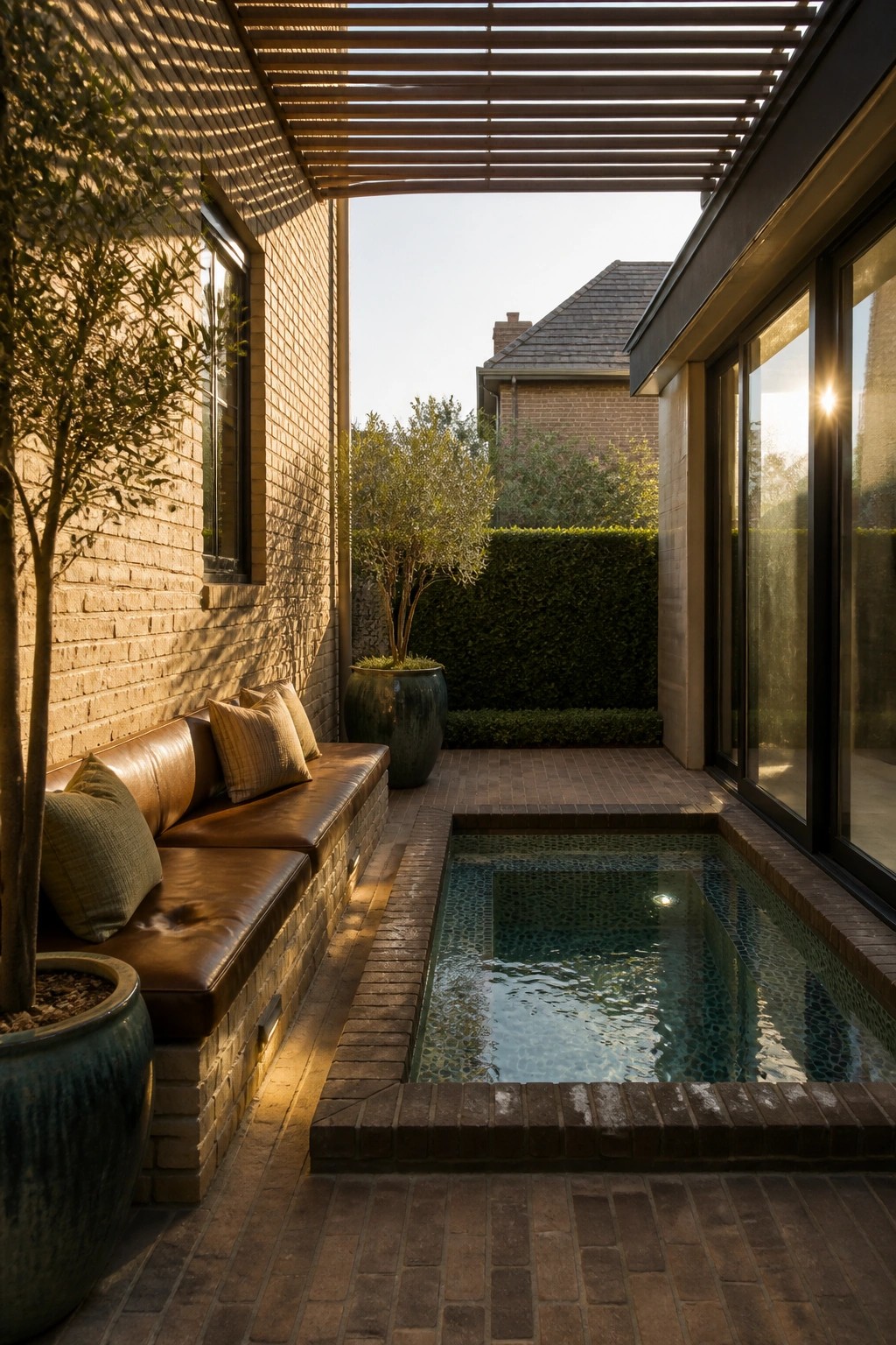 A narrow brick courtyard with a rectangular plunge pool, built-in leather bench, wooden pergola, and large glass doors on a brick house.
