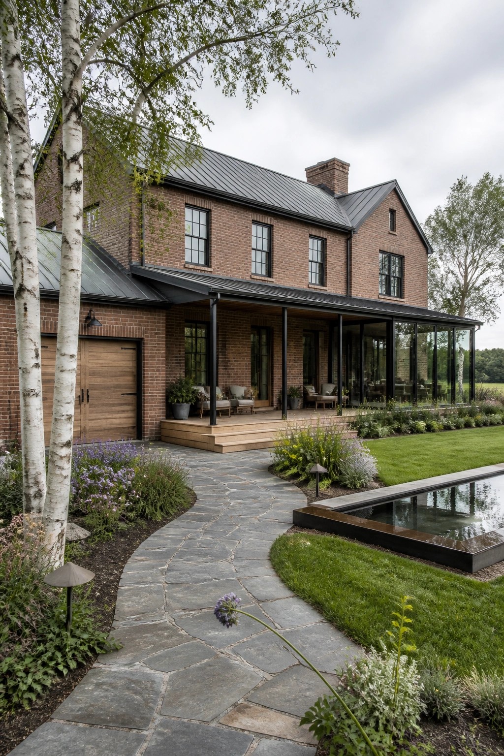 A two-story red brick farmhouse with a black metal roof, a long covered porch with black frames and glass walls, and a stone pathway curving through the front garden.