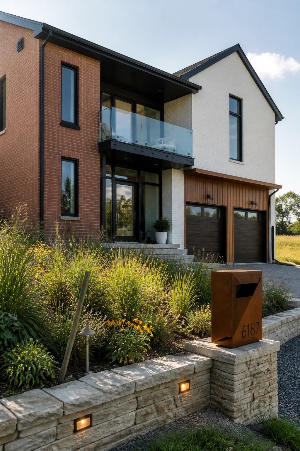 Modern two-story house with red brick, white siding, balcony, garages, and stone mailbox 6187