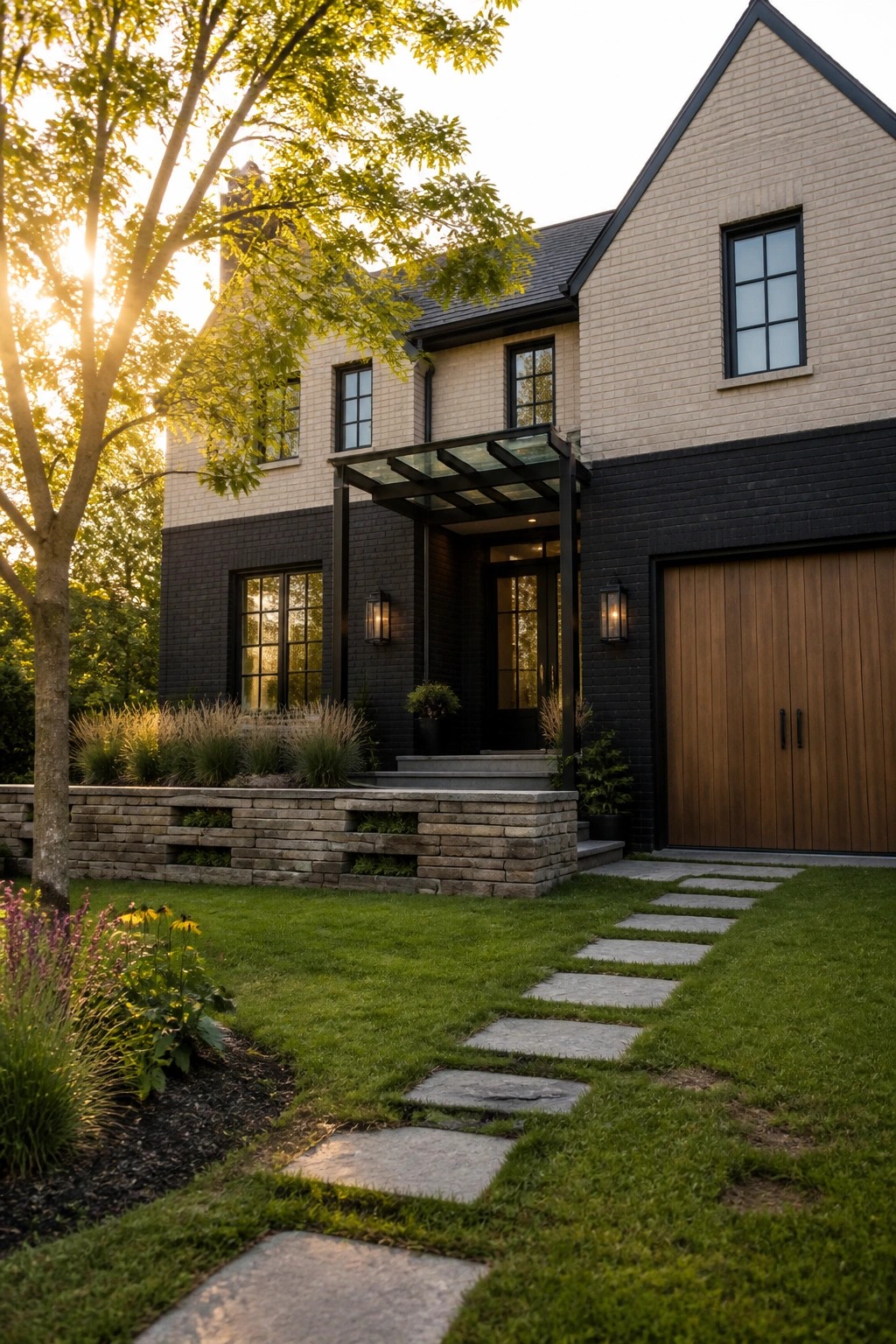 A two-story brick house with light beige brick on top and black brick below, a glass entry canopy, a wooden garage door, and a stone pathway across a green lawn.