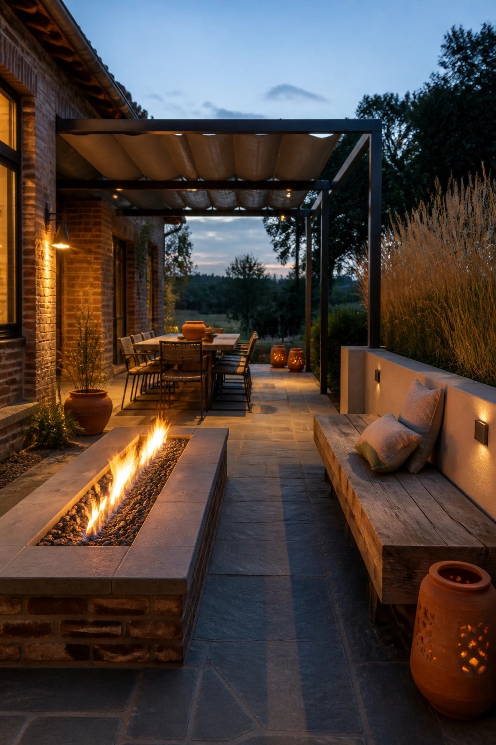 A dusk view of a stone patio beside a brick house, showing a long fire pit, a dining table under a pergola, and a wooden bench with cushions along the right side.