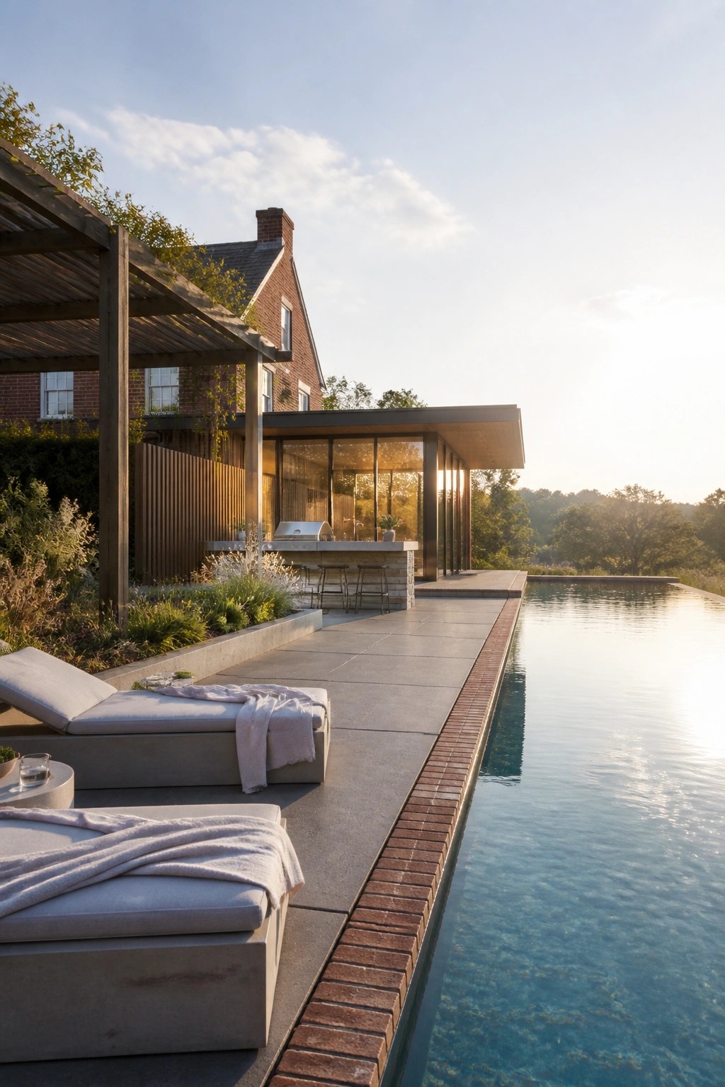 Modern brick house with outdoor kitchen, lounge chairs, and long pool at sunset.