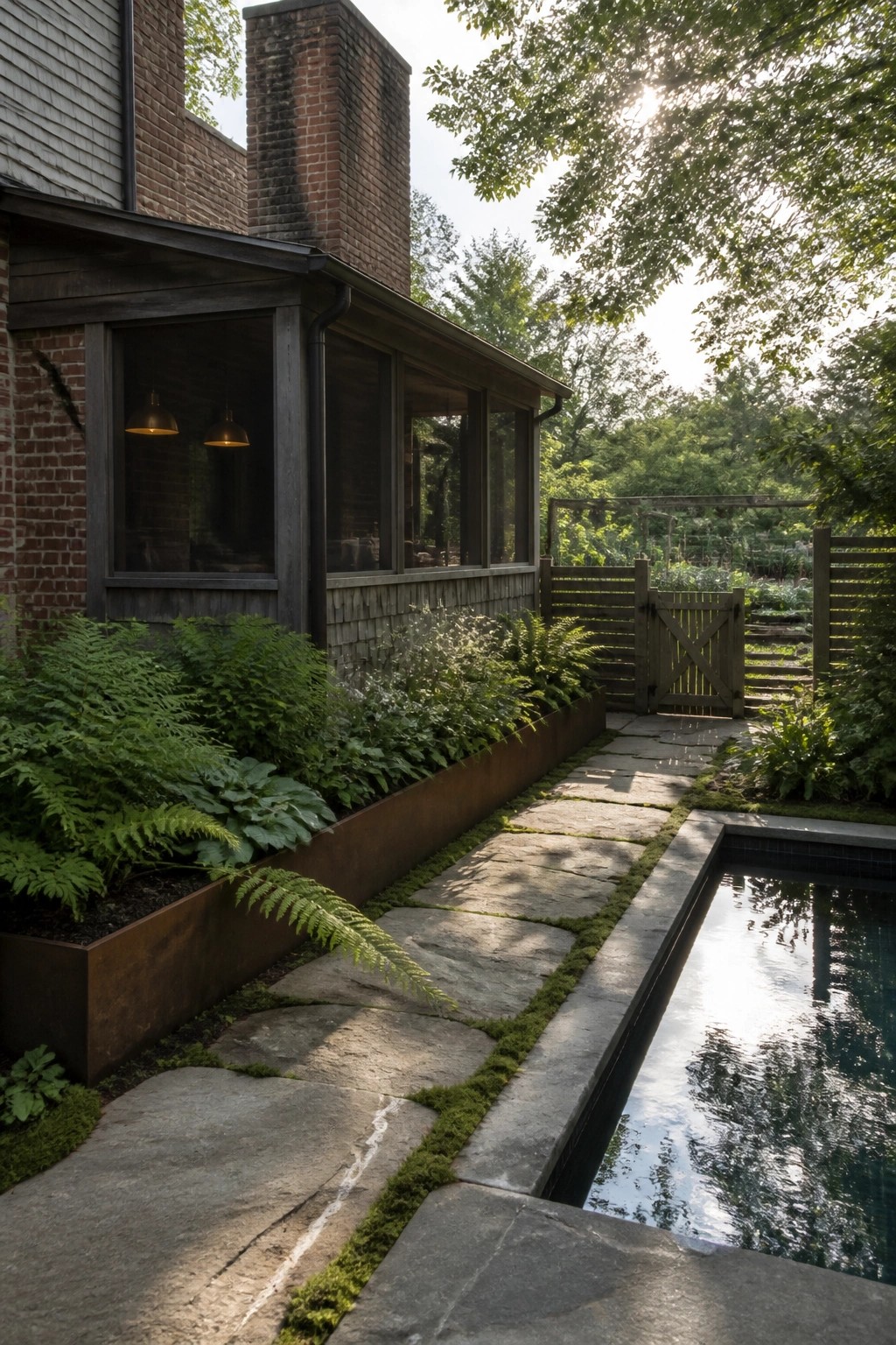 A brick house exterior with dark wood trim, large windows, a mossy stone path, raised corten steel planters with ferns, and a rectangular pool to the right.