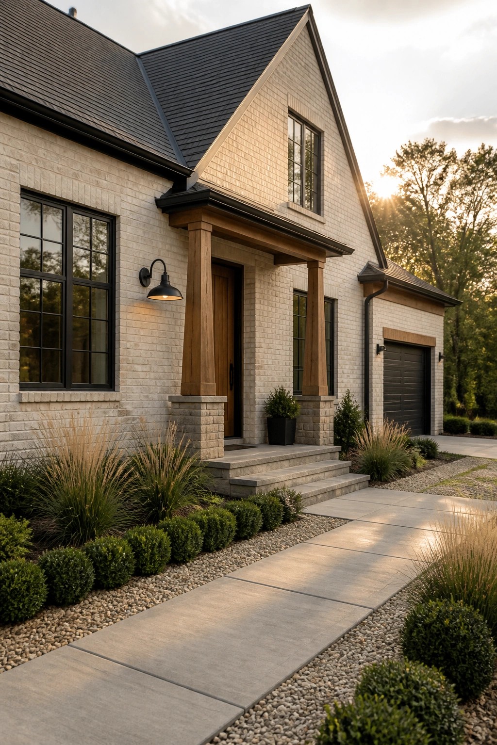 Modern brick house with wooden porch columns, black windows, stone steps and garden landscaping.