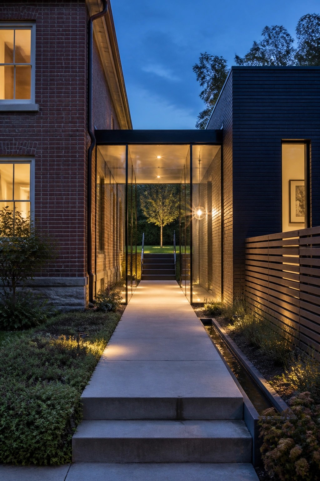 A brick house and a dark modern addition are joined by a lit glass corridor at dusk, with concrete steps leading through the passage.