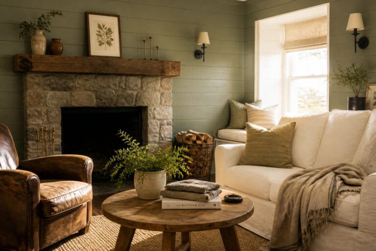 22 Sage Green Farmhouse Paint Colors That Add Natural Warmth A living room featuring sage green shiplap walls, a stone fireplace with a wooden mantel, a white sofa, a brown leather chair, and a round wooden coffee table with folded blankets.