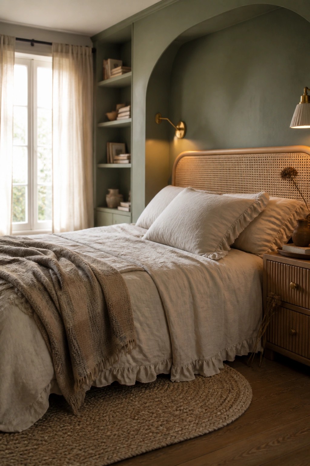 A bedroom with sage green walls, built-in shelving, a cane headboard bed with neutral bedding, and a round jute rug on wood flooring.