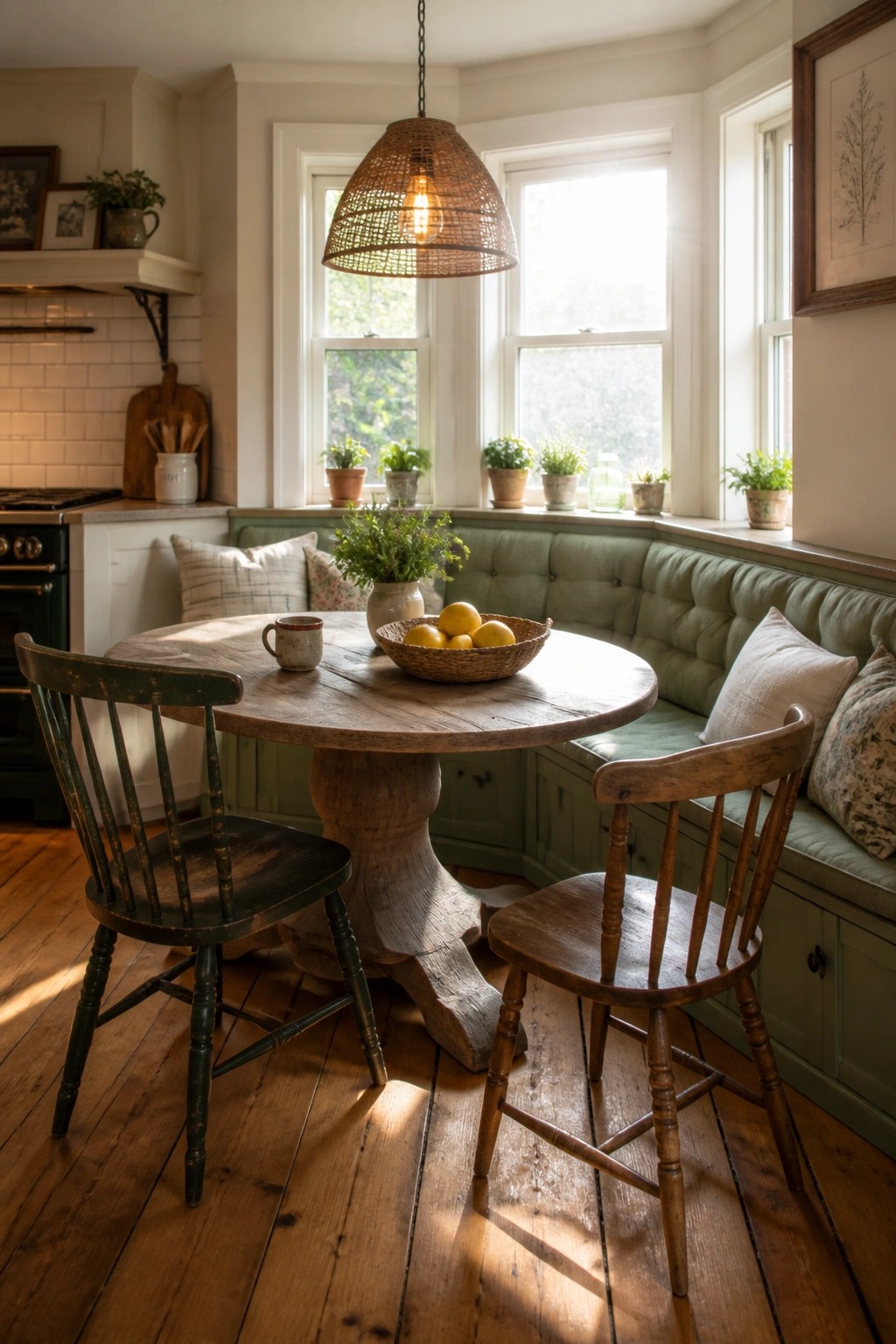 A sunlit kitchen corner with a round wooden pedestal table, two mismatched wooden chairs, a sage green built-in banquette with pillows, and windows along the back wall.