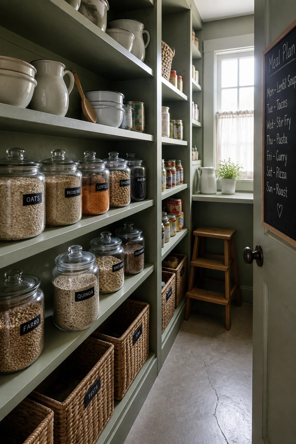 Green pantry shelves stocked with labeled glass jars of grains, beans, and baskets.