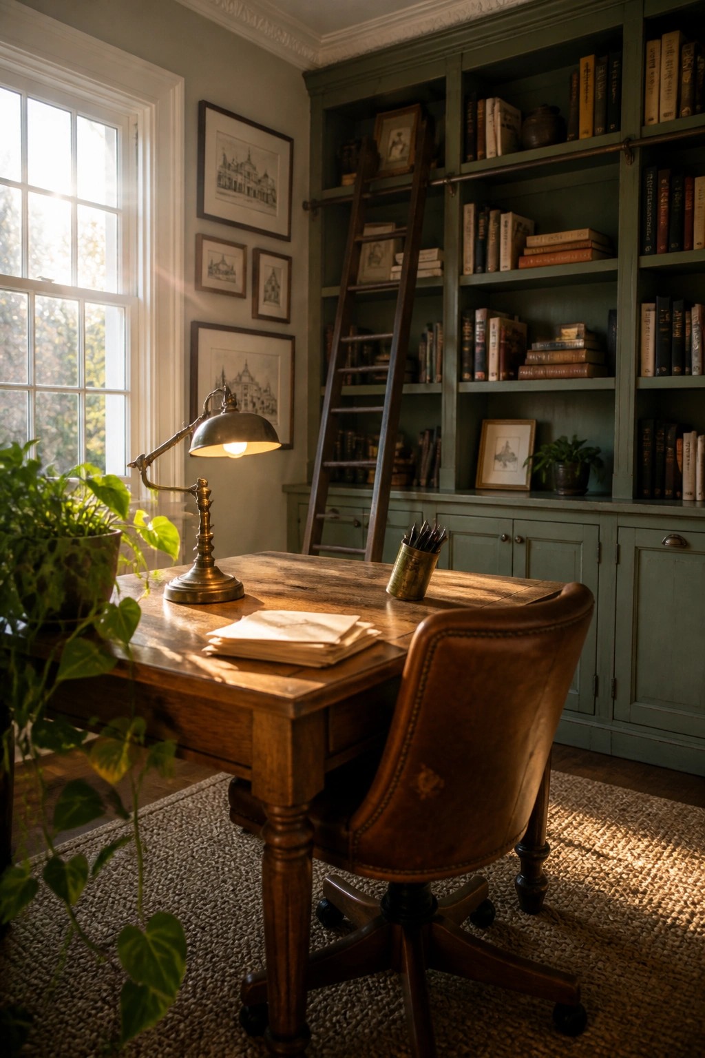 A home office featuring sage green built-in bookshelves with a wooden desk, brown leather chair, and desk lamp.