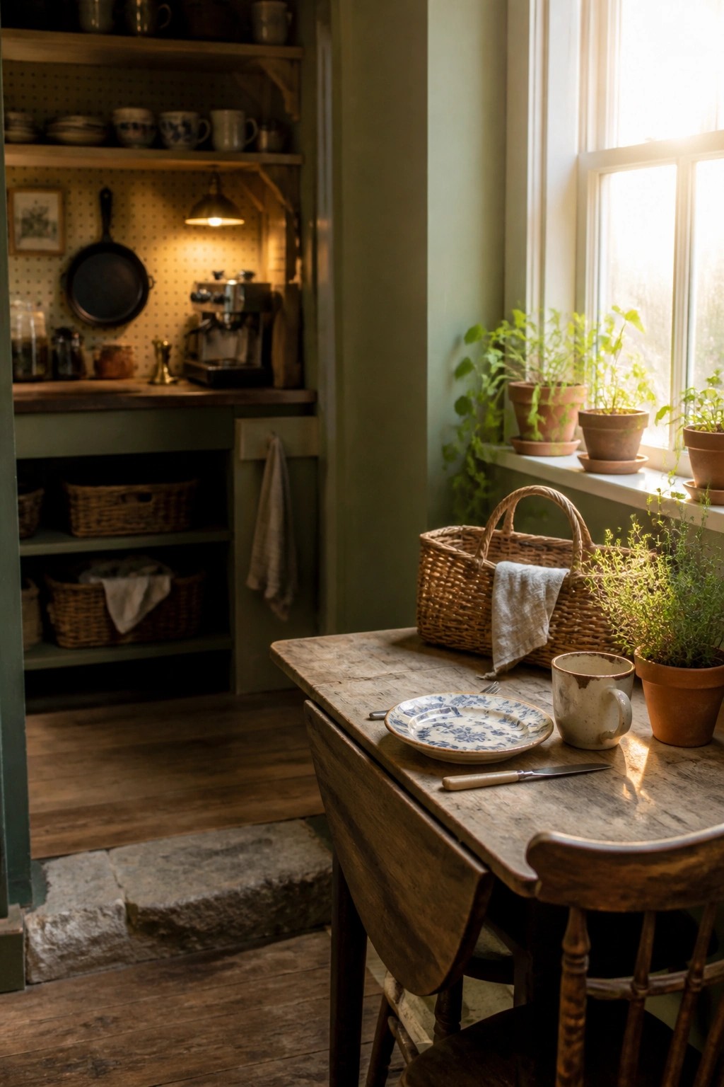 A rustic wooden table with a blue patterned plate and mug sits in front of sage green kitchen cabinetry and open shelving near a window with potted plants.
