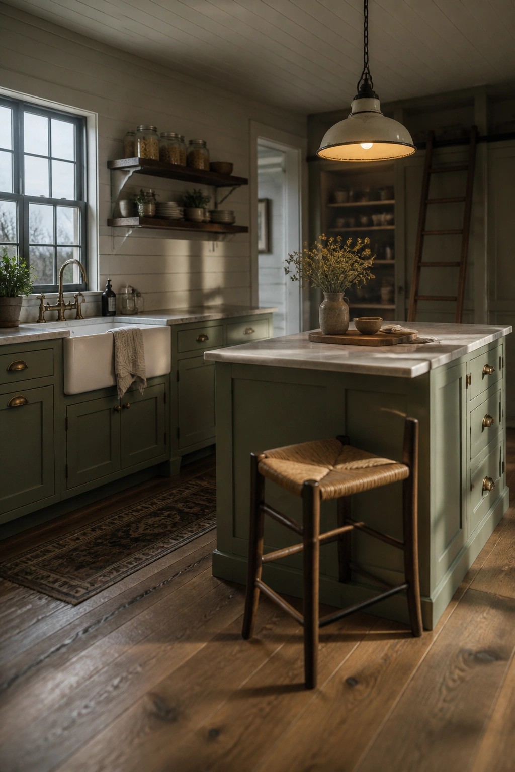 A kitchen interior with sage green cabinets, a white farmhouse sink, a central island topped with marble, and a woven stool pulled up to the island.