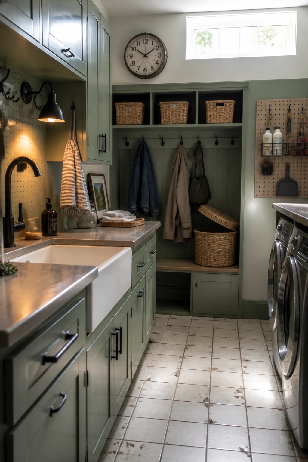 A laundry room featuring sage green cabinets, a white farmhouse sink, built-in cubbies with baskets, and a pegboard wall beside stainless steel washers.
