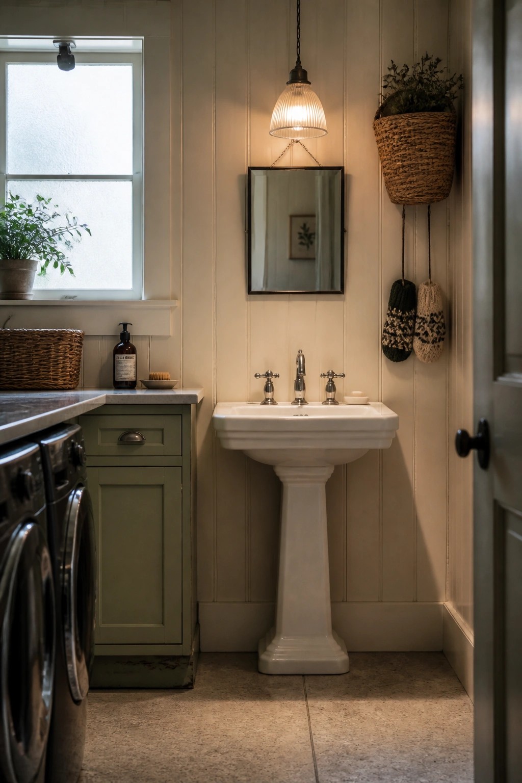 White pedestal sink in rustic laundry room with green cabinet and pendant light
