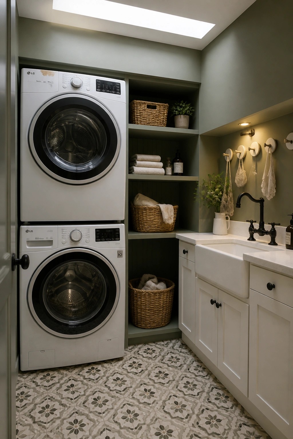 A laundry room featuring stacked white LG washing machines, built-in sage green shelves with baskets, and a white farmhouse sink.