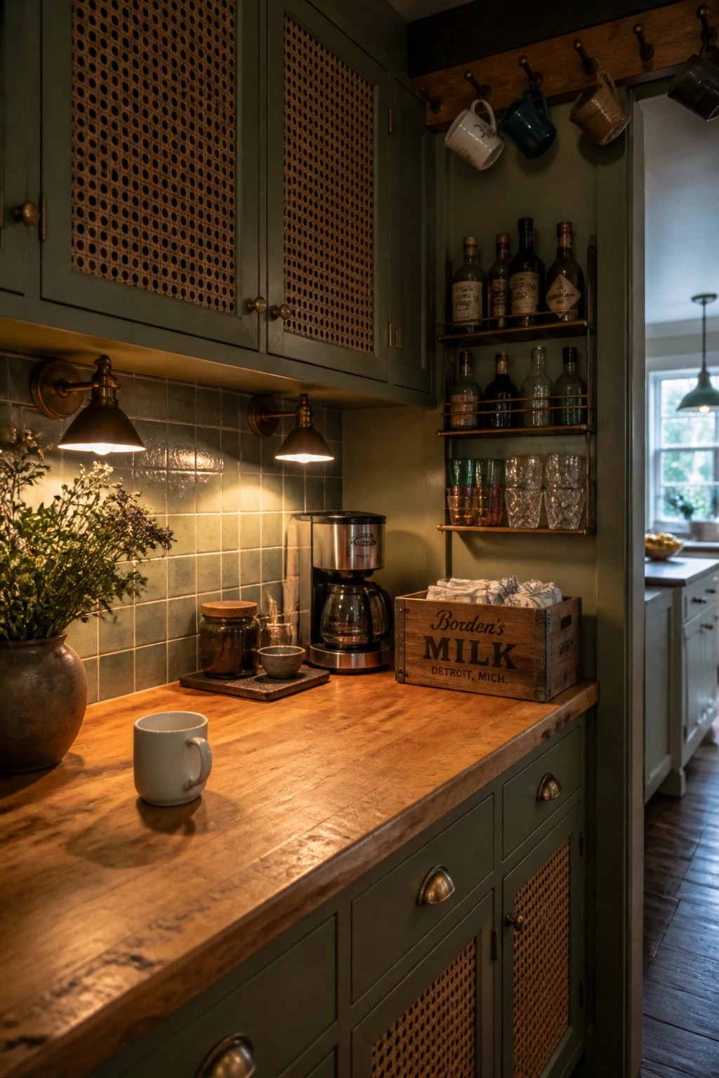 A kitchen with sage green cabinets featuring cane panels, a wooden countertop, wall sconces, a coffee maker, and a wooden milk crate on the counter.