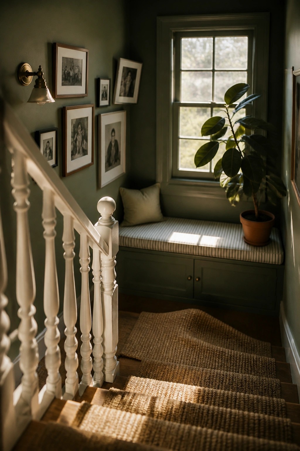 A stairwell with sage green walls, white balusters, a window seat with striped cushion, and a potted plant beside a multi-pane window.