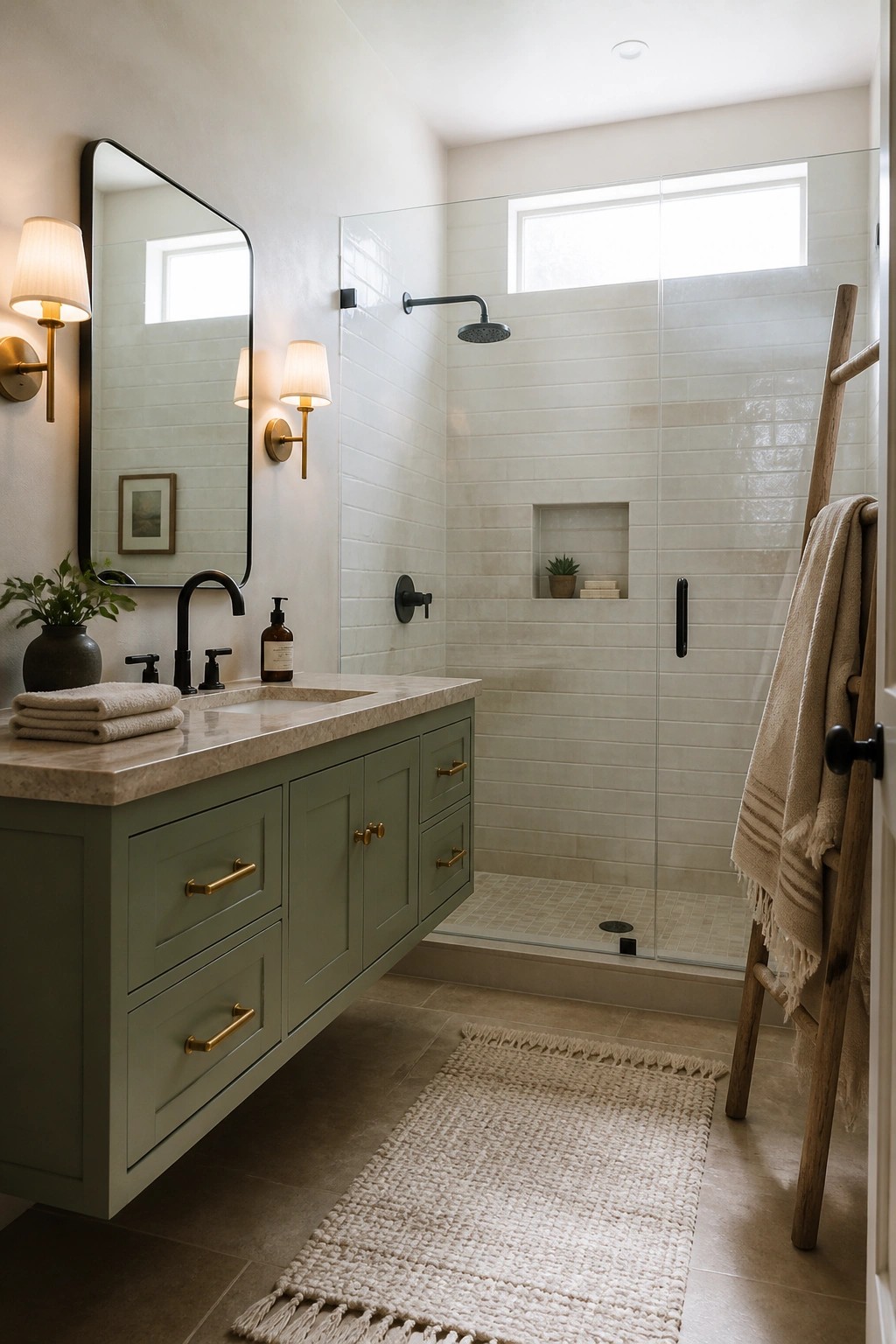 A bathroom featuring a floating sage green vanity with marble countertop, black faucet, wall sconces, and a glass-enclosed shower with white subway tiles.