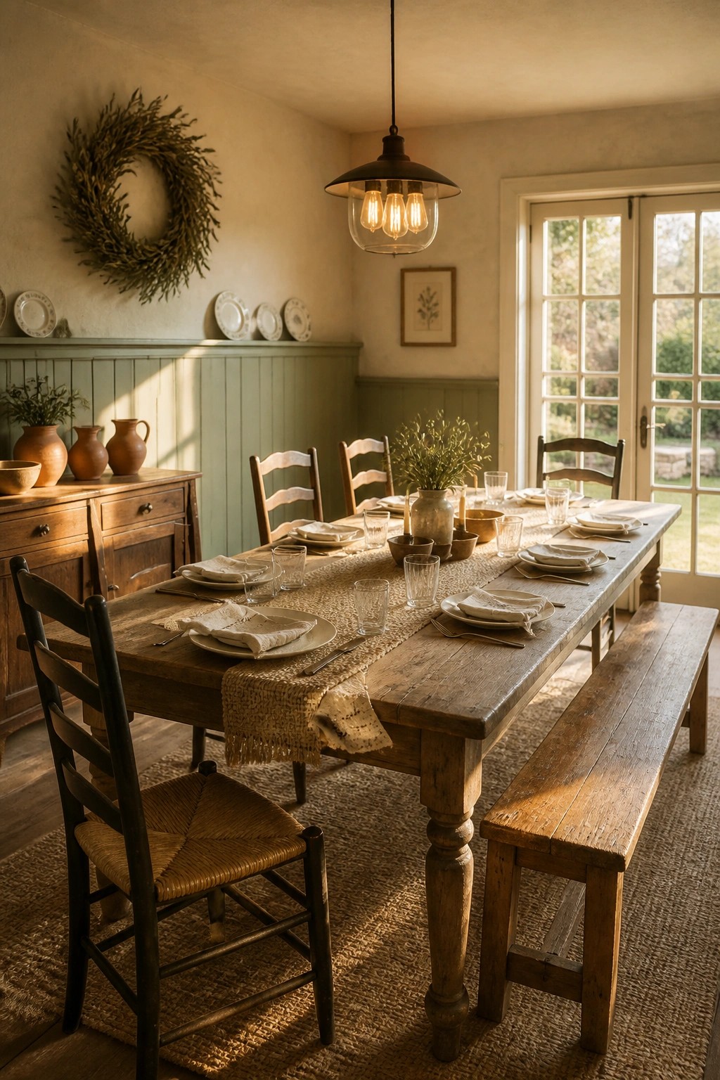 A farmhouse dining room with sage green wainscoting, a long wooden table set with plates and glasses, and a large dried wreath on the wall above a wooden sideboard.