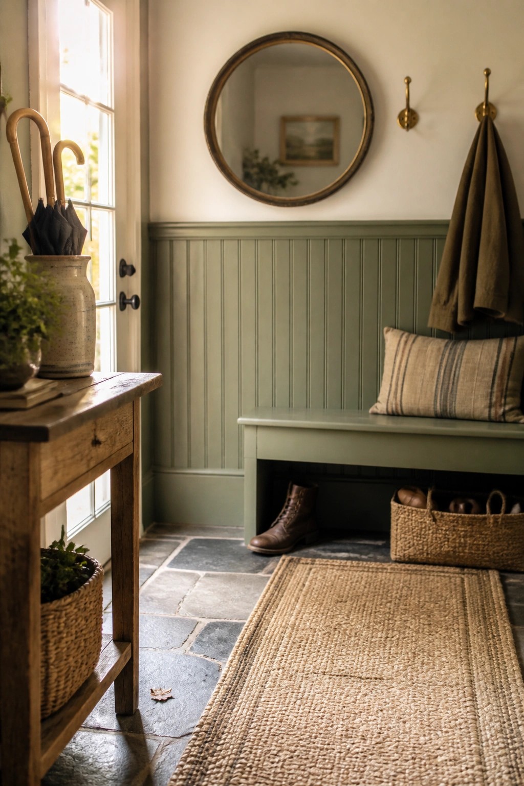 An interior entryway with sage green beadboard wainscoting, a built-in bench with a striped pillow, a round mirror above it, and a wooden console table near an open door.