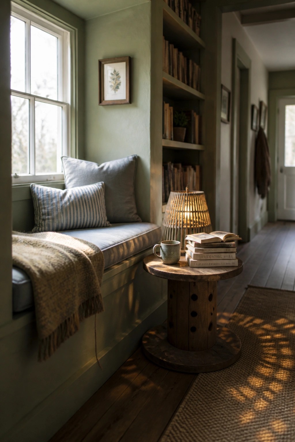 An interior view of a sage green room with a cushioned window seat, built-in bookshelves, and a small wooden table holding stacked books and a mug.