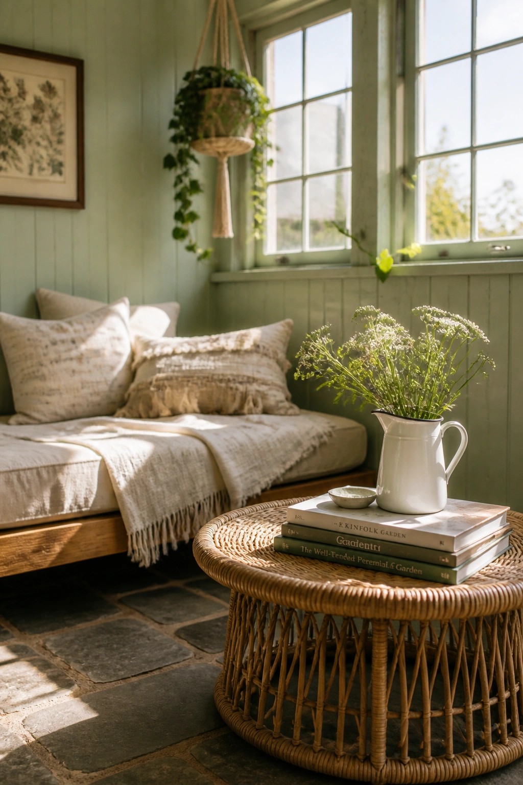 An interior room corner with sage green paneled walls, a wooden daybed with neutral linens, a round wicker table, and a window with natural light.