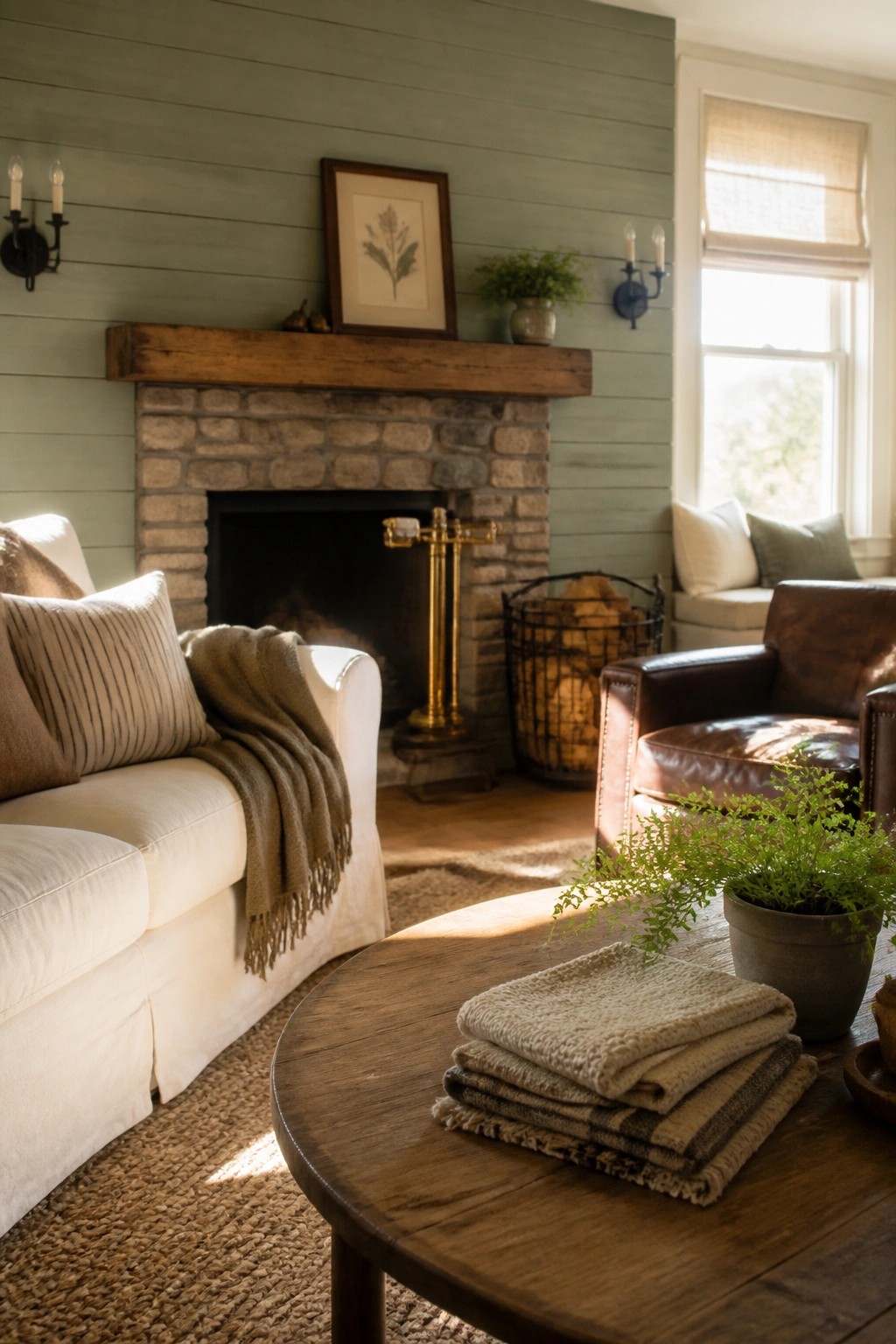 A living room featuring sage green shiplap walls, a stone fireplace with a wooden mantel, a white sofa, a brown leather chair, and a round wooden coffee table with folded blankets.