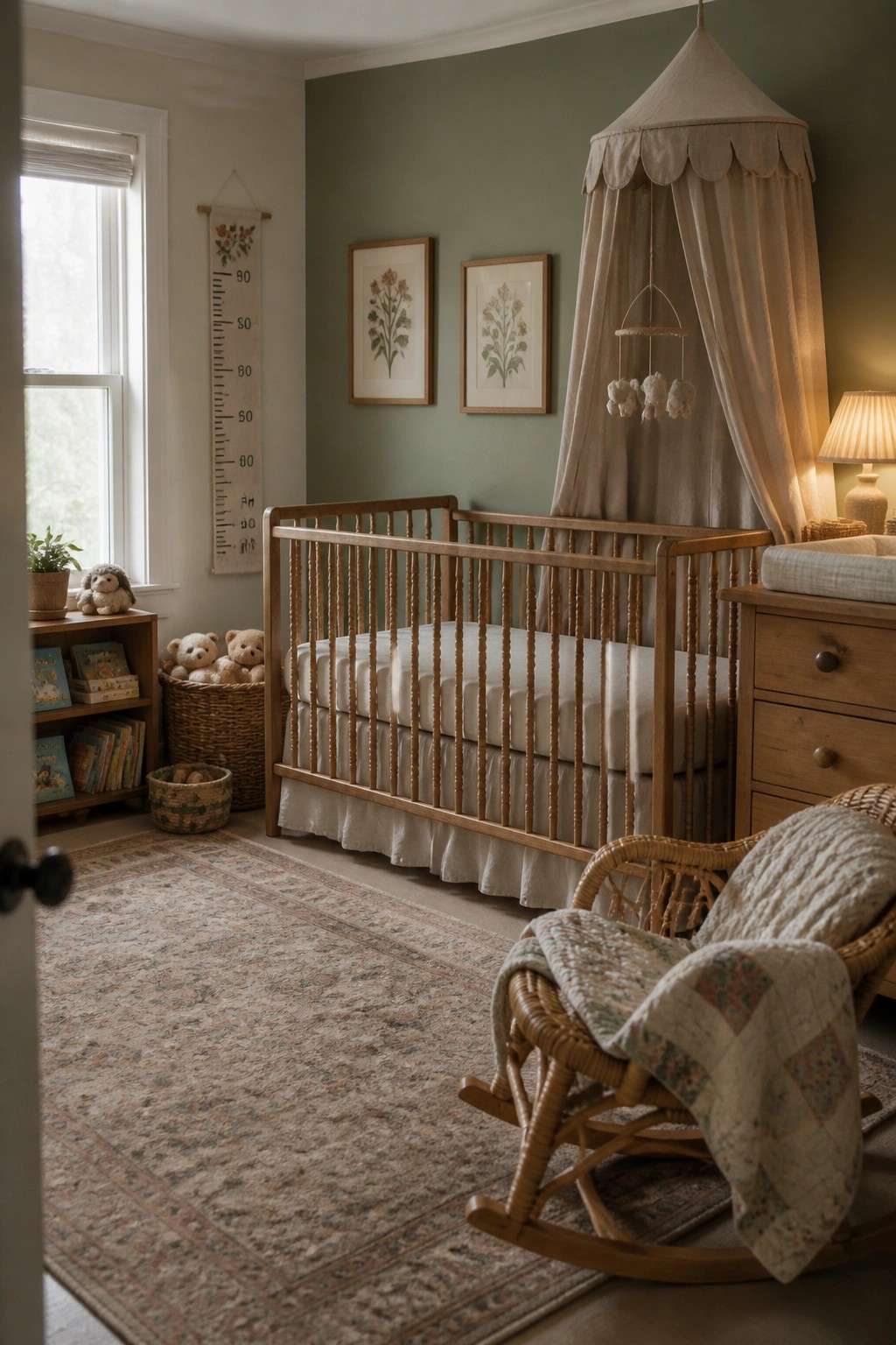A nursery interior with sage green walls, a wooden crib with canopy, a wicker rocking chair, and a large patterned rug on the floor.