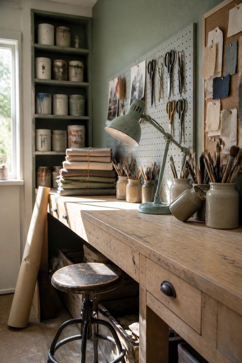 A wooden workbench and stool sit in front of sage green walls lined with paint cans on shelves and a pegboard holding scissors and brushes.