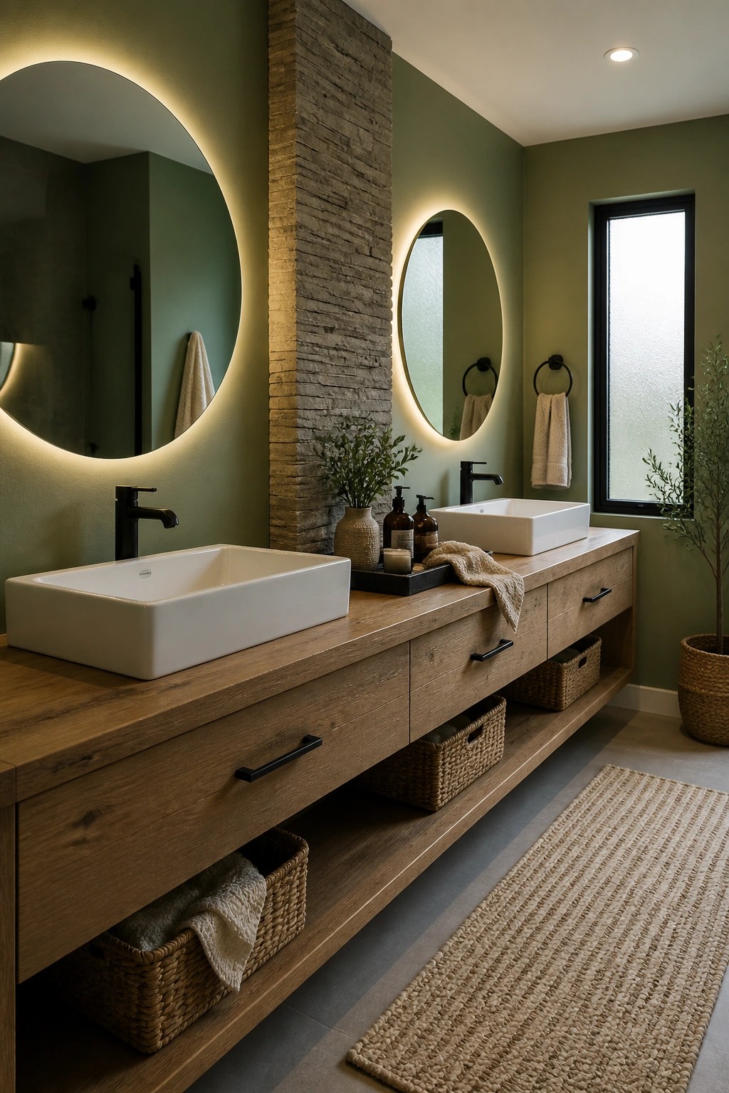 A bathroom featuring sage green walls, a long wooden vanity with two white vessel sinks, round backlit mirrors, and woven storage baskets.