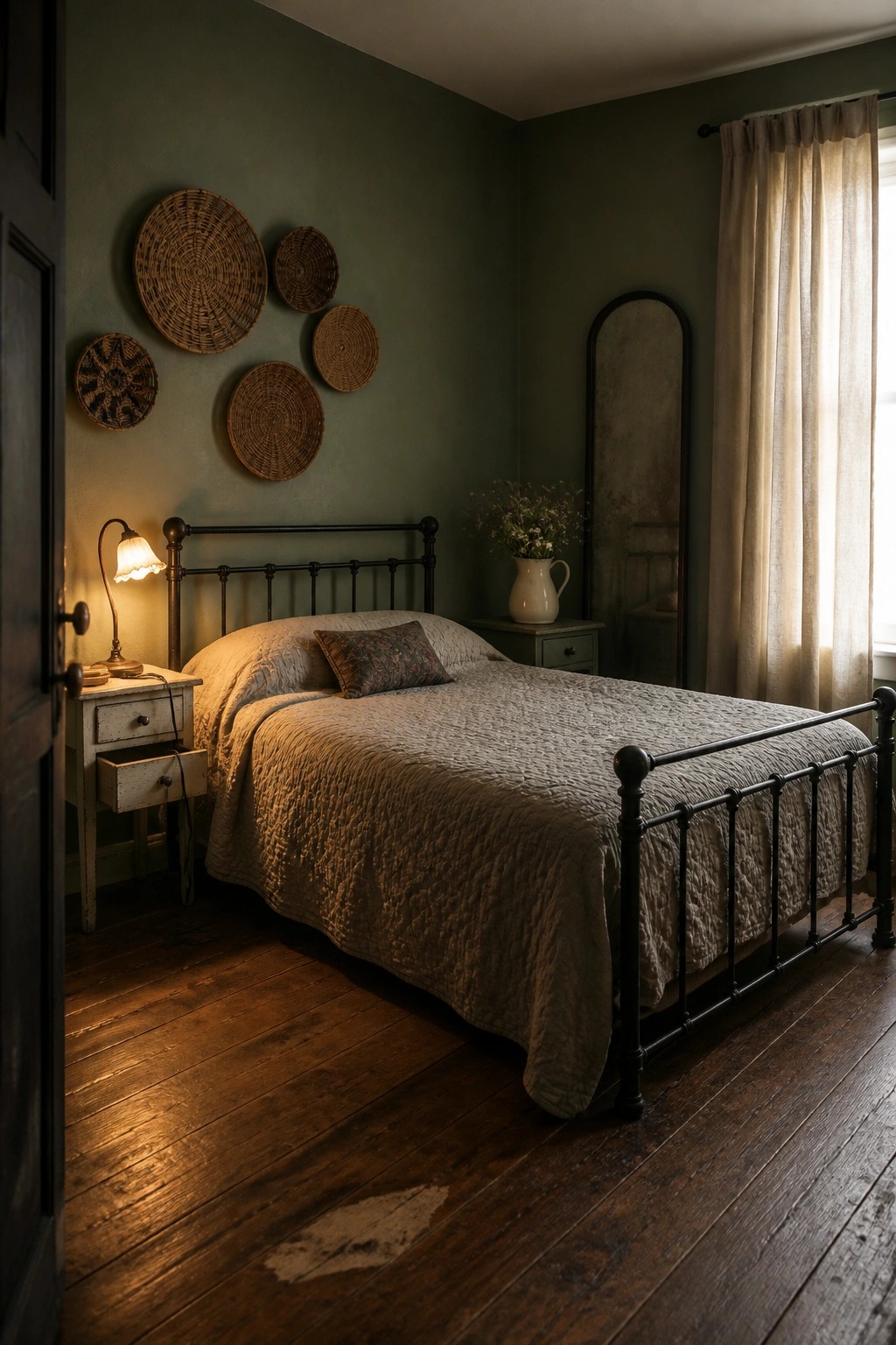 A bedroom with sage green walls, a black metal bed frame, white bedding, a wooden nightstand with a lit lamp, and woven baskets on the wall.
