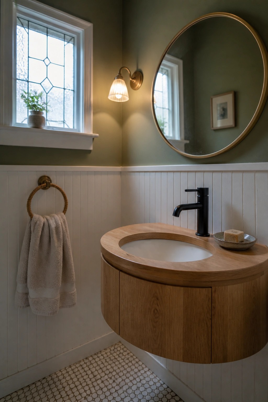 A bathroom interior with sage green walls above white wainscoting, a floating wood vanity with black faucet, and a round mirror mounted on the green wall.